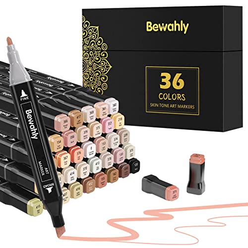 Bewahly 36 Couleurs de Peau Feutre a Alcool Kit, Double Pointe Marqueurs Alcool pour Enfants et Adultes, Feutres à Alcool pour Coloriage, Dessin, Portrait, Peinture, Manga Cover