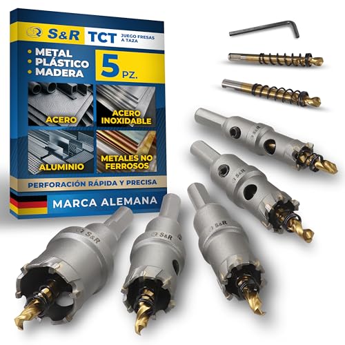 S&R Sierra corona Metla. Juego 5 Sierra perforadora para metal 16/20/22/25/30 mm. Corona perforadora en Cobalto 5% con Brocas de guya