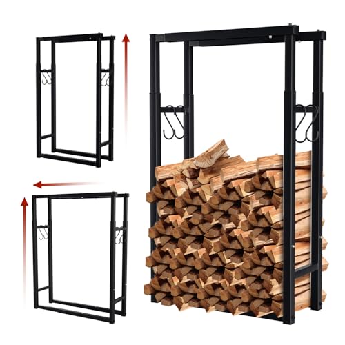 Lospitch Estantería ajustable para leña, 9 tamaños ajustables, soporte para leña con 4 ganchos, soporte para leña para leña, para troncos de madera, color negro