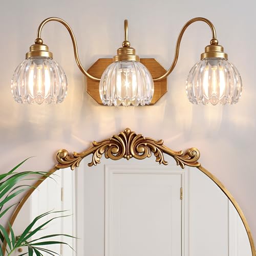 Image of Vintage Gold Bathroom Light Fixtures, 3 Light Clear Tulip Crystal | Brushed Gold Vanity Lights,Matte Antique Brass Finish, Mid Century Style,Wall Sconces for Bedroom,Hallway, Easy to Install