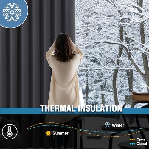 BellaHills 100% Blackout Curtains for Bedroom Thermal Insulated Blackout Curtains Heat and Full Light Blocking Eyelet Curtains for Living Room with Black Liner 2 Panels, 66 x 54 Inch, Charcoal Grey