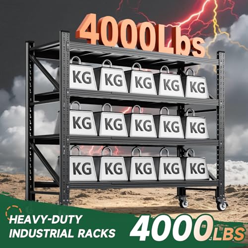 Image of Letaya 4000LBS Heavy Duty Storage Shelves with Wheels,Metal Garage Shelving Units,4 Tier Large Tall Industrial Shelving,Adjustable Utility Rack for Warehouse,Basement (Black, 55 inch W x 24 inch D x 76 inch H)