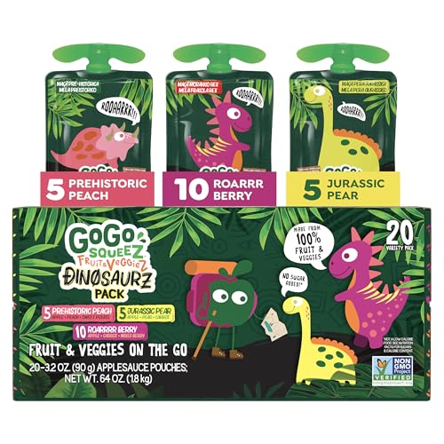 GoGo squeeZ Fruit & veggieZ Applesauce and Puree Variety Pack, Jurassic Pear, Roarrrr Berry & Prehistoric Peach, 3.2 oz (Pack of 20), Unsweetened Snacks for Kids, BPA Free Pouches