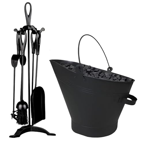 Trendi Black Waterloo Bucket Coal Log Fire Ash Scuttle Hod Fireside + Shovel with 5 Piece Cast Iron Loop Design Companion Set… (Companion Set + Bucket)