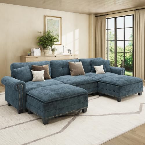 Image of HERA'S HOUSE 116 inch Oversized U Shaped Modular Sectional Couch Living Room | Mid-Century Modern 5-Seater Cloud Sofa, Cyan, Rolled Arms & Nailhead Trim, Wider Deeper Seats, Ottoman, Chenille