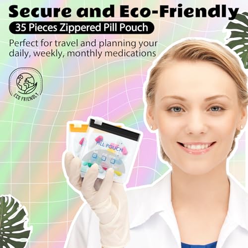 Image of Sherr 35 Pcs Pill Pouch Bags with Zipper Pill Pouch Set Travel Reusable Translucent Medicine Organizer Self Sealing Plastic Bag with Slide Lock for Storage(Vivid Colors,3 x 3 Inch,Day Style)