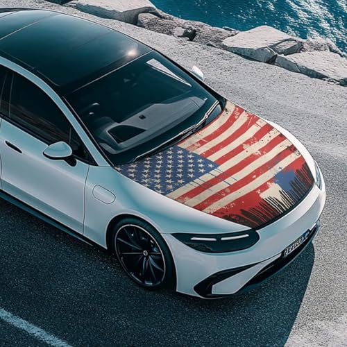 Image of 59x39 Inch Hood Cover for Compact Cars SUV Sedans Trucks, American Flag Design Waterproof Stretchable Car Hood Wraps Auto Banner Auto Dcorative Accessories