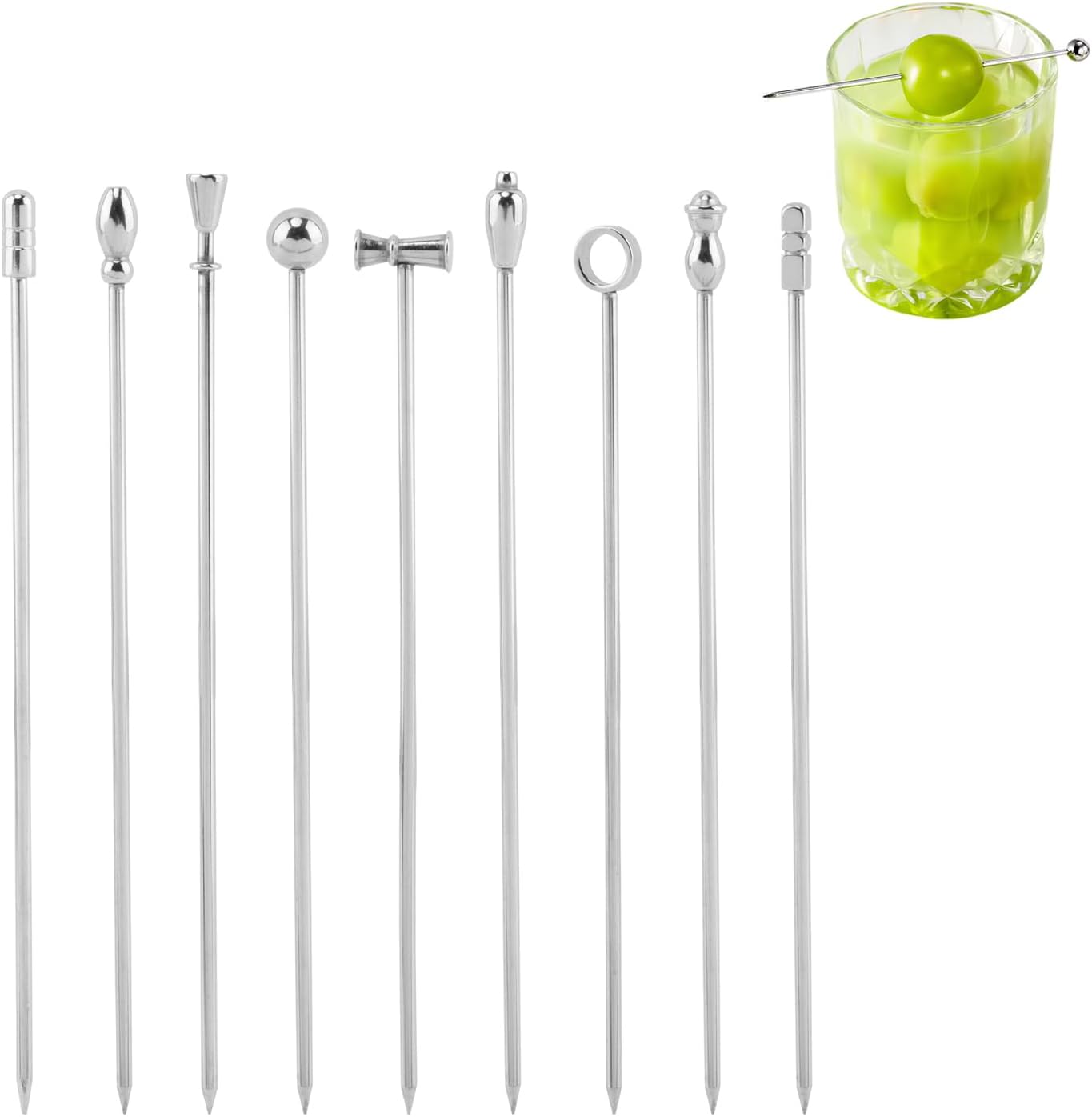 9Pcs Cocktail Picks for Drinks, 9 New Styles Metal Martini Olive Skewers Set, Cocktail Toothpicks Bar Garnish Picks, for Bar Party, Barbeque Snacks, Club Sandwiches, Gift for Bartenders, 4 Inches
