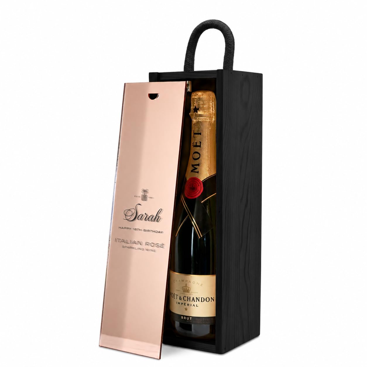 A1 Graphics Ltd Black Box/Rose Gold Lid Prosecco Wine Box Custom Printed Weddings Anniversary Bridesmaid Groomsmen Birthdays Christmas ()