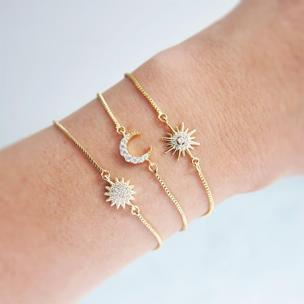 3Pcs Gold Hand Chain Bracelet Hand Jewelry For Women Dainty Adjustable Rhinestone Celestial Bracelet Set Layered 14K Gold Plated Bracelets Set Trendy Jewelry Accessories Gift - Image 5