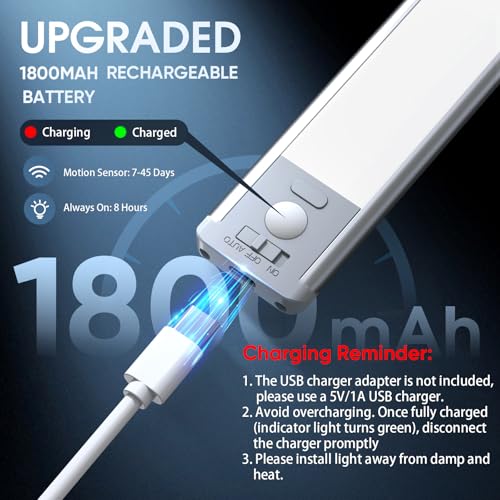10inch Under Cabinet Lighting, 2 Pack Rechargeable Motion Sensor Light Indoor, 5 Levels Dimmable Magnetic Closet Lights, Wireless Under Counter Lights for Kitchen, Stairs - Image 6