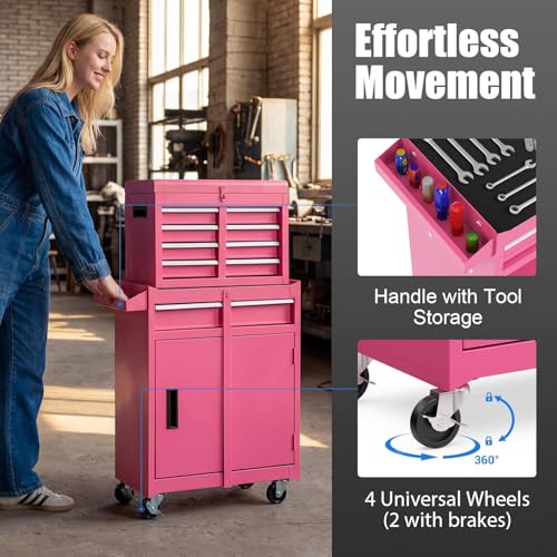 Image of Goplus Rolling Tool Chest, 5-Drawer Tool Box Organizer w /Lockable Wheels & Sliding Drawers & Detachable Top & Adjustable Shelf, Tool Storage Cabinet for Garage Workshop