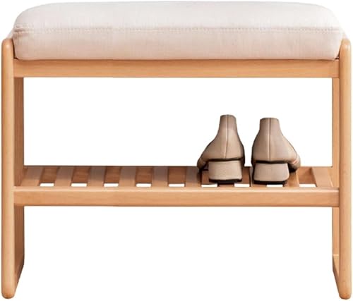 Hymus Banco pequeño de almacenamiento de zapatos 100% madera maciza, banco de zapatos de entrada con asiento acolchado (17.71 pulgadas, nogal)