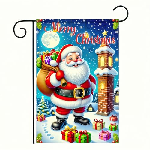 Image of BlissYard Christmas Garden Flag 12x18 Inch Santa Chimney Yard Decor | Double sided polyester, christmas santa chimney scene design, santa themed decor for holiday porch and yard
