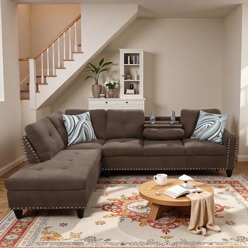 Trygoal L-Shaped Sectional Sofa, Modern 4-Seat Couch with Built-in Cup Holders, Upholstered Fabric Sectional Couch with Left Facing Chaise for Living Room, Apartment, Office, Brown