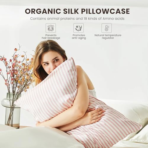 THXSILK Mulberry Silk Pillowcase for Hair and Skin Health, Grade 6A+ Mulberry Silk Pillowcase with Hidden Zipper, Soft and Breathable, 1pc (Standard 20"x26", Pink White Stripes)