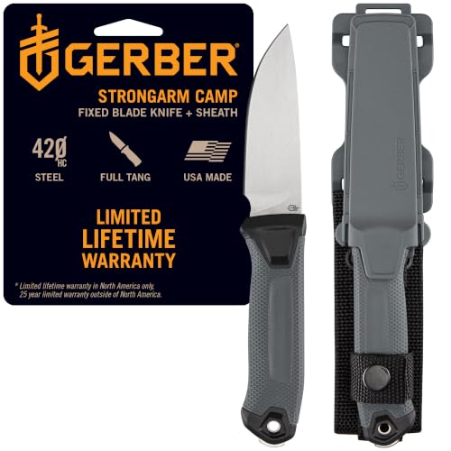 GERBER GEAR Strongarm Camp - Fixed Blade Camping Knife for Controlled Cuts For First Aid Or Cutting Rope Made With 420HC Full Tang Plain Edge Blade And Diamond-Textured Grippy Handle-Made in USA- Gray