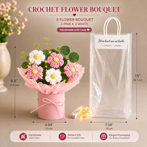 Image of PulGos ππ©ππ¬ Artificial Crochet Flower Bouquet with LED Light| Handmade Yarn Knitted Floral Bunch for Home & Office Decor, Gifting |Cute Decorative Item Woolen Flowers Gift for Girls & Women (Pink)