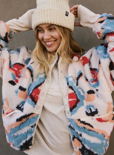 Printed Sherpa Jacket for Women Long Sleeve Button Down Fuzzy Fleece Coat Y2K Outerwear with Pockets2