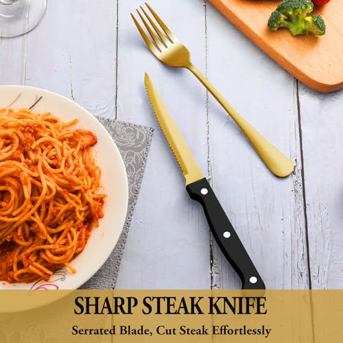 Image of 24 Pcs Gold Silverware Set with Steak Knives, Stainless Steel Flatware Cutlery Set Service for 4, Kitchen Tableware Set, Utensil Set for Home and Restaurant, Knives Forks Spoon Set, Dishwasher Safe