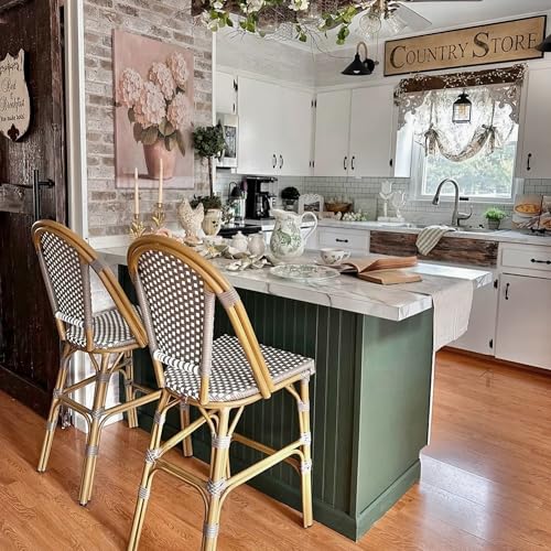 Image of PURPLE LEAF French Counter Height Bar Stool Set of 2 25 inch Bamboo Print Finish Patio Bar Chairs with Back Rattan Bar Chairs French Bistro Set for Kitchen Outdoor Counter Stool Grey