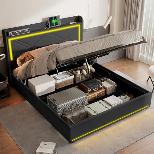 POYHKFD Bett 140 x 200 cm mit Boxspringbett, Doppelbett für Erwachsene, 140 x 200, Bett aus PU mit LED-Beleuchtung, Kopfteil mit LED und USB, Steckdose für USB und Typ-C, Betten mit Lattenrost und