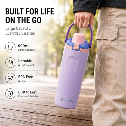Image of Rioware 900ml Vacuum Insulated Tumbler with Flip Cap | 304 Grade Steel | 8 Hrs Hot & 14 Hrs Cold | Leakproof Travel Coffee Mug | Large Capacity Water Bottle with Handle | BPA Free- Purple
