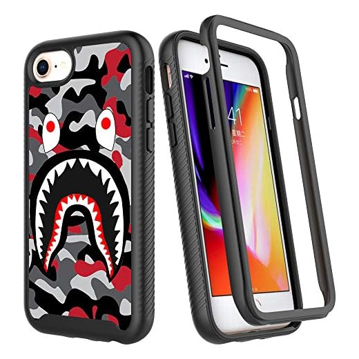 iPhone SE 2020 Case,iPhone 7 Case,iPhone 8 Case, Street Fashion Luxury Design Dual Layer Shockproof Rugged Cover Soft TPU + Hard PC Bumper Full-Body Cool Camo Case for iPhone 6/6s - Red Gray Shark