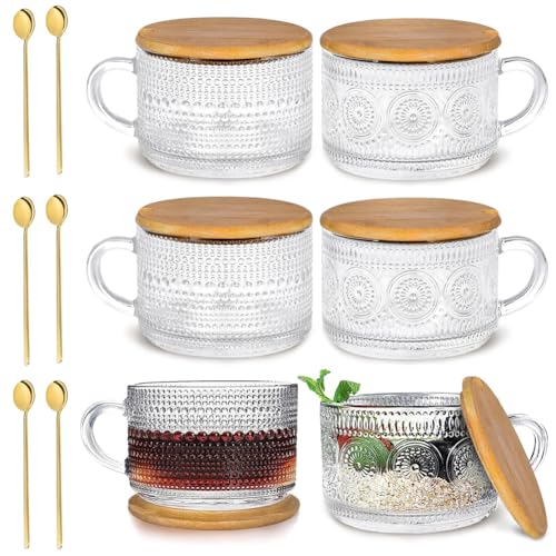 Reviews de Tazas de té que Puedes Comprar On-line. 41 6 Piezas Tazas de Café de Vidrio Vintage, Tazas de Café de Vidrio Vintage con Tapas y Cucharas, Recipientes para Avena 450ml, 15.5oz Tazas Transparentes para Capuchino, Ideales...