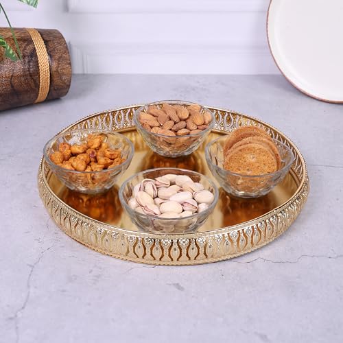 Image of R Ayurveda Copper Decorative Golden Alloy Tray - 10 inches Round Vanity Organizer for Jewelry, Makeup, Perfume | Elegant Vintage Metal Tray for Bathroom, Dresser, or Gift Decor