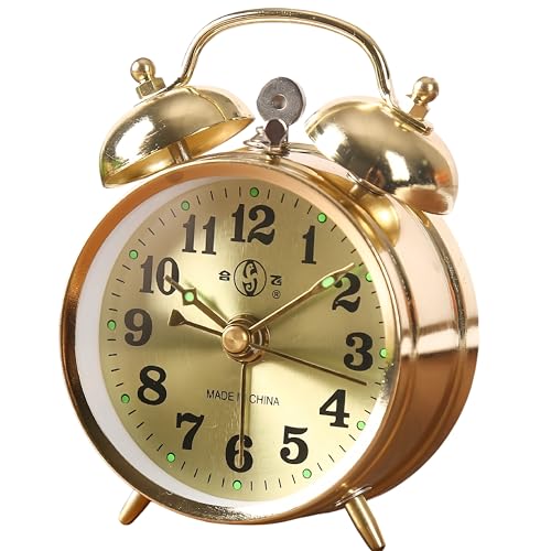 whcusmm Vintage Mechanical Alarm Clock Manual Wind Up Clock with Loud Twin Bell Analog Retro Gold Alarm Clock for Bedroom Living Room Glow in The Dark Needles