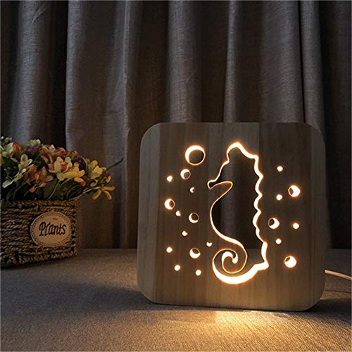 Preisvergleich Produktbild jiushixw 3D Acryl Nachtlicht mit Fernbedienung Farbwechsel Tischlampe Holzschnitzerei Seepferdchen Design Warmes Licht als Geburtstagsgeschenk Raum Zoe Tischlampe
