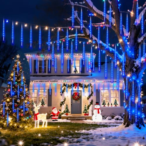 Blingstar Meteor Shower Lights Outdoor Christmas Lights, 16 Inch 10 Tubes 360 LEDs Falling Rain String Light with Timer, Waterproof Plug in Icicle Light for Tree Porch Roof Yard Xmas Decoration, Blue - image 7