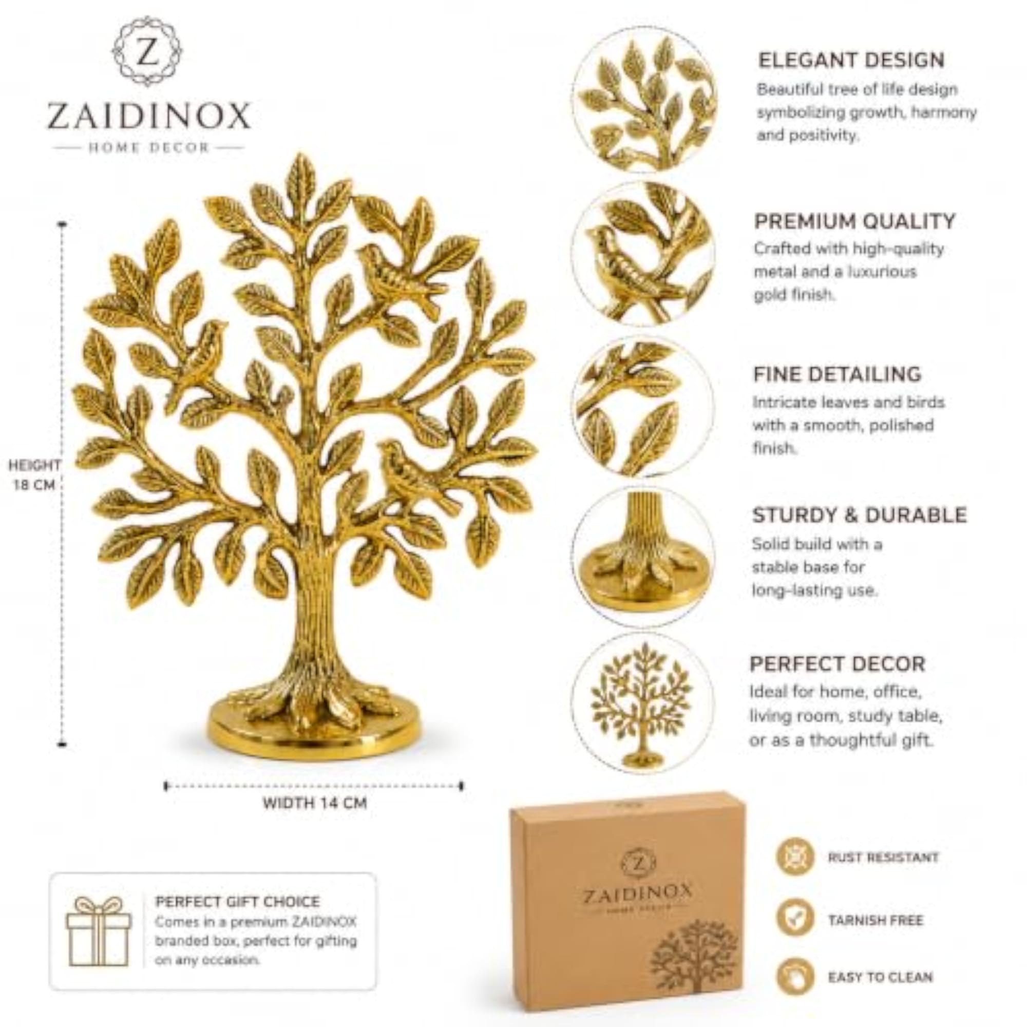 Brass Gold Finish Kalpvriksh Tree with 4 Birds for Table Decor