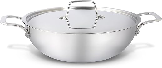 KSJONE Stainless Steel Extra Deep Kadai with Stainless Steel Lid 4.5 Quart Capacity (11.5 inch Diameter) with Riveted Handles, Silver (Gas Stove Friendly)