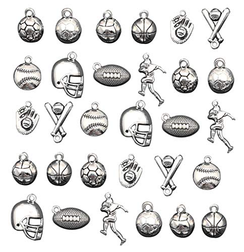 30pcs Ball Games Sports Charm,Basketball Football Volleyball Baseball Rugby Soccer Charms Pendents for DIY Bracelet Necklace Earring Jewelry Making Findings