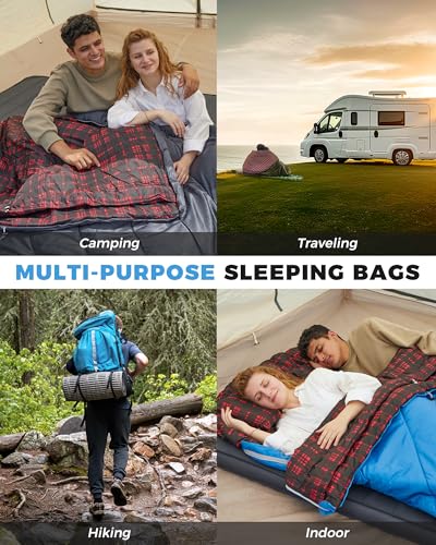 Image of KingCamp Double Sleeping Bag for Adults, Queen Size 2 Person XXL Flannel Sleeping Bag, Waterproof Lightweight Flannel Quilt with 2 Pillows, Perfect for Couples Family Camping Hiking