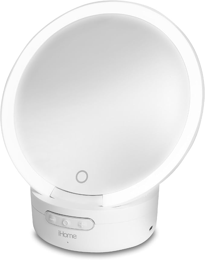 iHome Makeup Mirror with Lights and Bluetooth Speaker, Travel Mirror is Portable and Rechargeable, White, iCVBT9W.EXv24