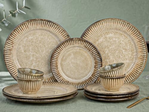 Image of Bodhi House Premium 12-Piece Stoneware Dinner Set Serving for 4 - Handcrafted Ceramic Plates, Bowls & Serving Bowls | Microwave & Dishwasher Safe | Elegant Modern Tableware Crockery Rustic Sand Beige