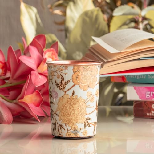 Image of INDIAN ART VILLA Copper Gold Flower Print Glass - 275 ML, Handcrafted Ayurvedic Copper Drinkware for Daily Use, Elegant Water Glass for Home, Office, and Special Gifting, Set of 1