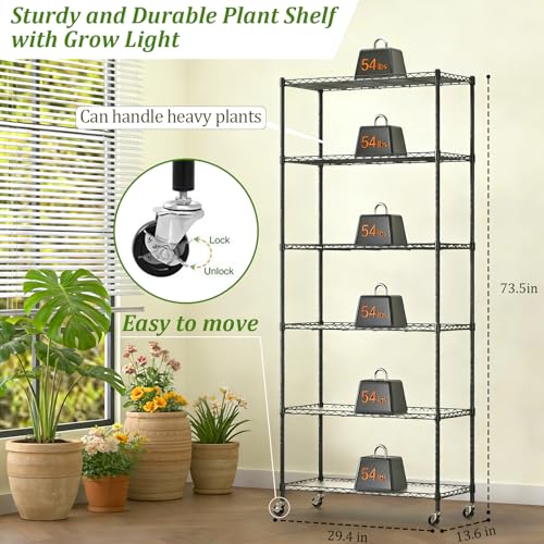 Image of Plant Shelf with Grow Light, DIY 6-Tier Plant Stand with Grow Light, Adjustable Rack and Wheels, 8 Pack 24 inch 192W T8 Full Spectrum Grow Lamp for Indoor Plants, Seed Starting, Vegetable, 29 inchx13.5 inchx73.5 inch