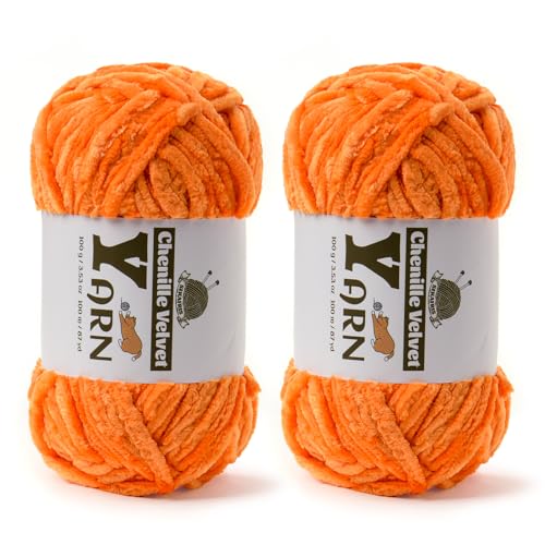 Image of 2 Pack Plush Chenille Chunky Yarn - Fluffy Velvet Yarns Crochet for Blanket Knitting and Crocheting - Soft Baby Yarn for Crocheting - Amigurumi Crochet Yarns 100g (87yds) (2 Orange)