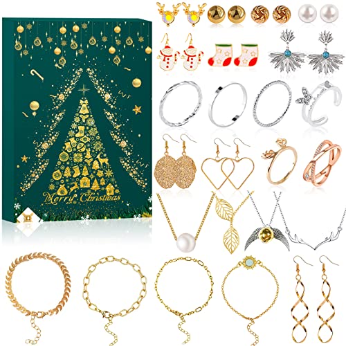 Calendrier de l'avent Bijoux Femme 2022, 24Pcs Calendrier de l'avent Bijoux Fille, Calendrier Bijoux Collier Boucles D'oreilles Anneaux pour Filles Calendrier de l'avent Bijoux Cadeaux pour Femmes