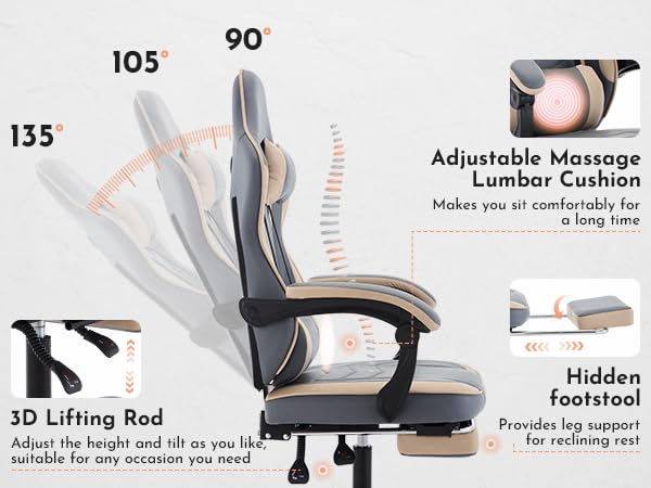 Image of Gaming Chair with Headrest and Lumbar Support, High Back Computer Office Desk Chair with Footrest, 360 Swivel Height Adjustable Recliner Game Chair (Beige Blue)