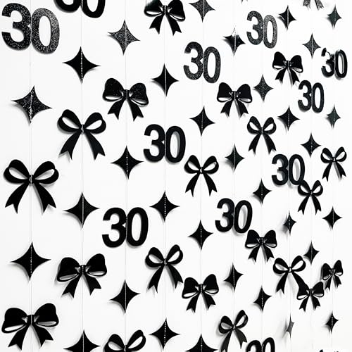 Image of Black 30th Bow Birthday Decorations Glitter Conquette Bow Garland Streamer Banner for Womens Mens Happy 30th Birthday 30 and Fabulous Cheers to 30 Years Old Anniversary Vintage 1995 Party Supplies