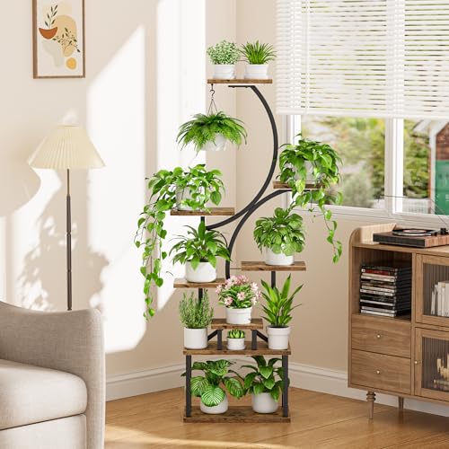 Plant Stand Indoor with Grow Lights - 62" Tall Plant Shelf, Lighted Corner Plant Stands for Indoor Growing, 8 Tiered Large Flower Holder, S-Shaped Decorative Rack for Living Room, Black, Patent Design