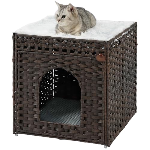 Image of SETVSON Cat Litter Box Enclosure, PE Rattan Hidden Kitty House, Brown | PE Rattan Kitty House, Reversible Double-Sided Pad, Litter Mat, 2 S-Hooks, Iron Frame, 18.5x20.5x19.1 In Cat Cabinet