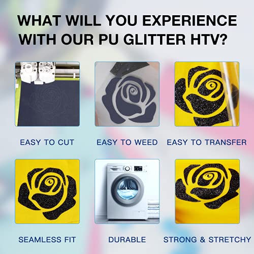 Image of HTVRONT Black Glitter HTV Vinyl Roll - 10 inch x 8ft Black Glitter Iron on Vinyl for All Cutting Machine, Glitter Heat Transfer Vinyl for T Shirts - Easy to Cut & Weed & Transfer