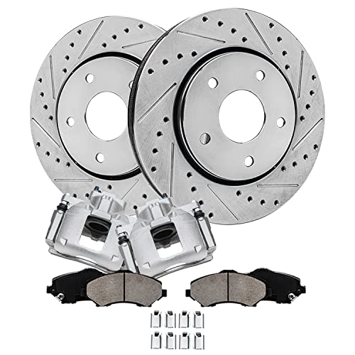 Image of Detroit Axle - Front Brake Kit for 2009 2010 2011 2012 Dodge Journey | Drilled and Slotted Brake Rotors Ceramic Brake Pads Brake Calipers Replacement 11.89 inch inch Rotors