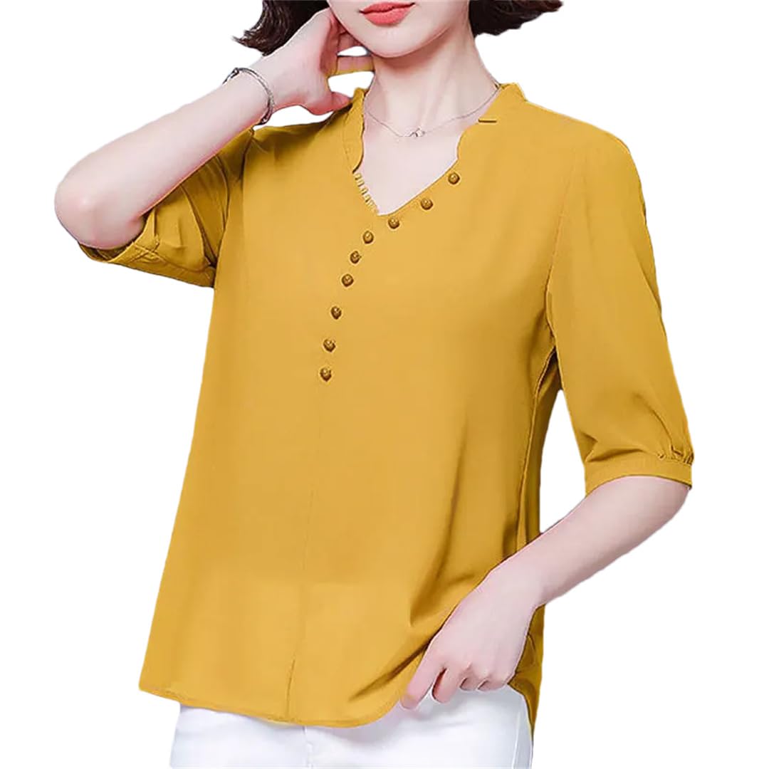 Camicetta da donna in chiffon con scollo a V tinta unita estiva sottile mezza manica allentata blusa